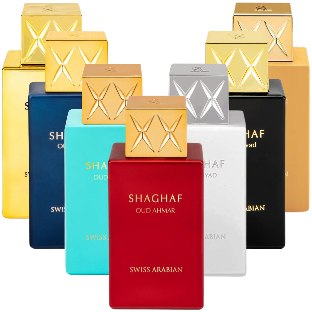 Decant/Sample All Swiss Arabian Shaghaf Pack Vanilla Toffee, Oud Ahmar, Oud Tonka Limited Edition, Oud Azraq Limited Edition, Oud Aswad, Oud, Oud Abyad EDP 10mlX7